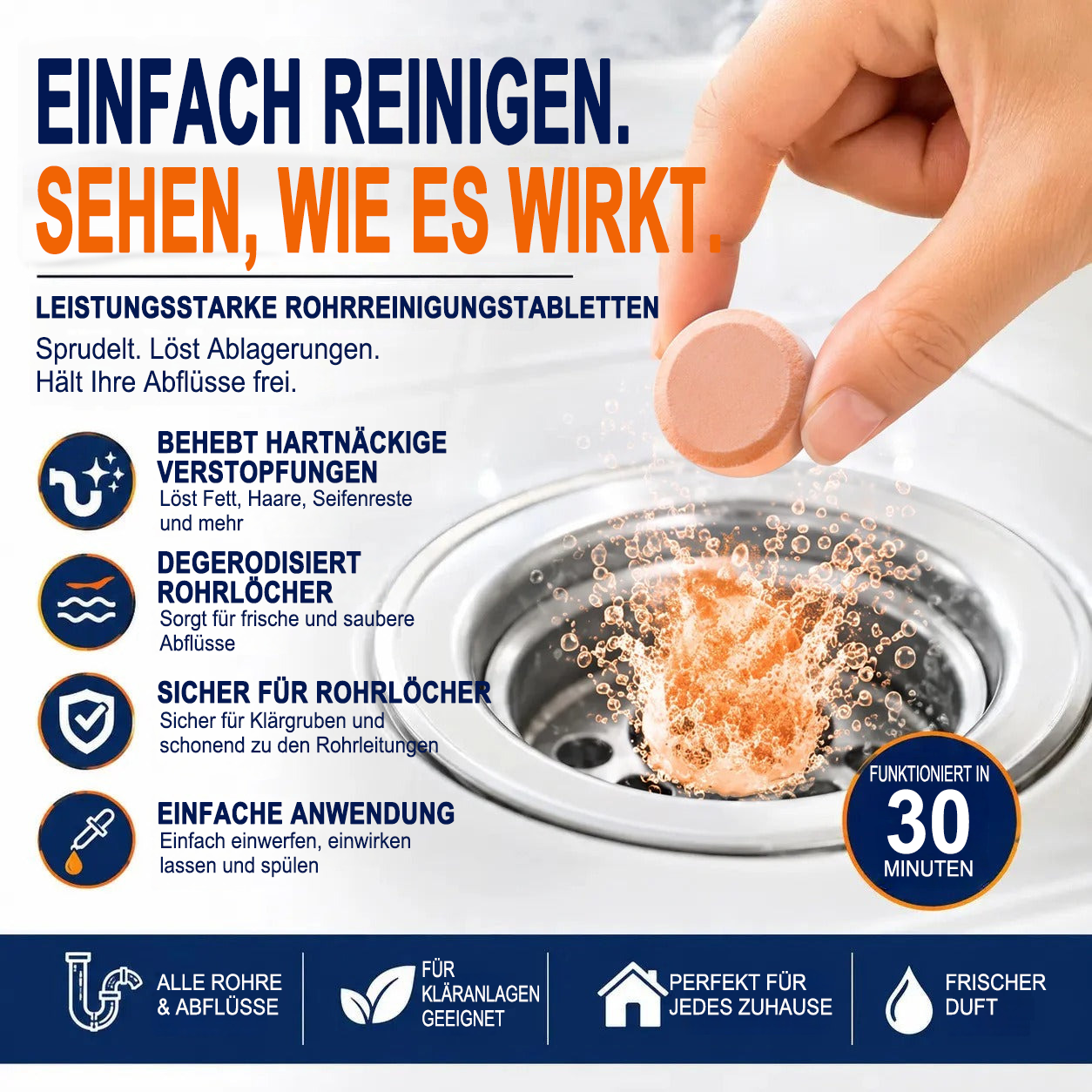 👑Schäumende Abflussreiniger-Tabletten — Aktivsauerstoff | Entfernt Abflussablagerungen & Schädlinge | Ohne Bleichmittel, ohne Lauge, rohrschonend