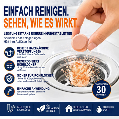 👑Schäumende Abflussreiniger-Tabletten — Aktivsauerstoff | Entfernt Abflussablagerungen & Schädlinge | Ohne Bleichmittel, ohne Lauge, rohrschonend