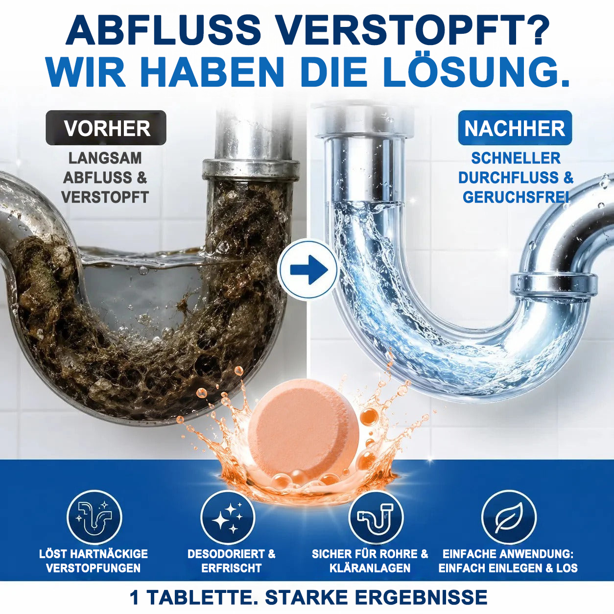 👑Schäumende Abflussreiniger-Tabletten — Aktivsauerstoff | Entfernt Abflussablagerungen & Schädlinge | Ohne Bleichmittel, ohne Lauge, rohrschonend