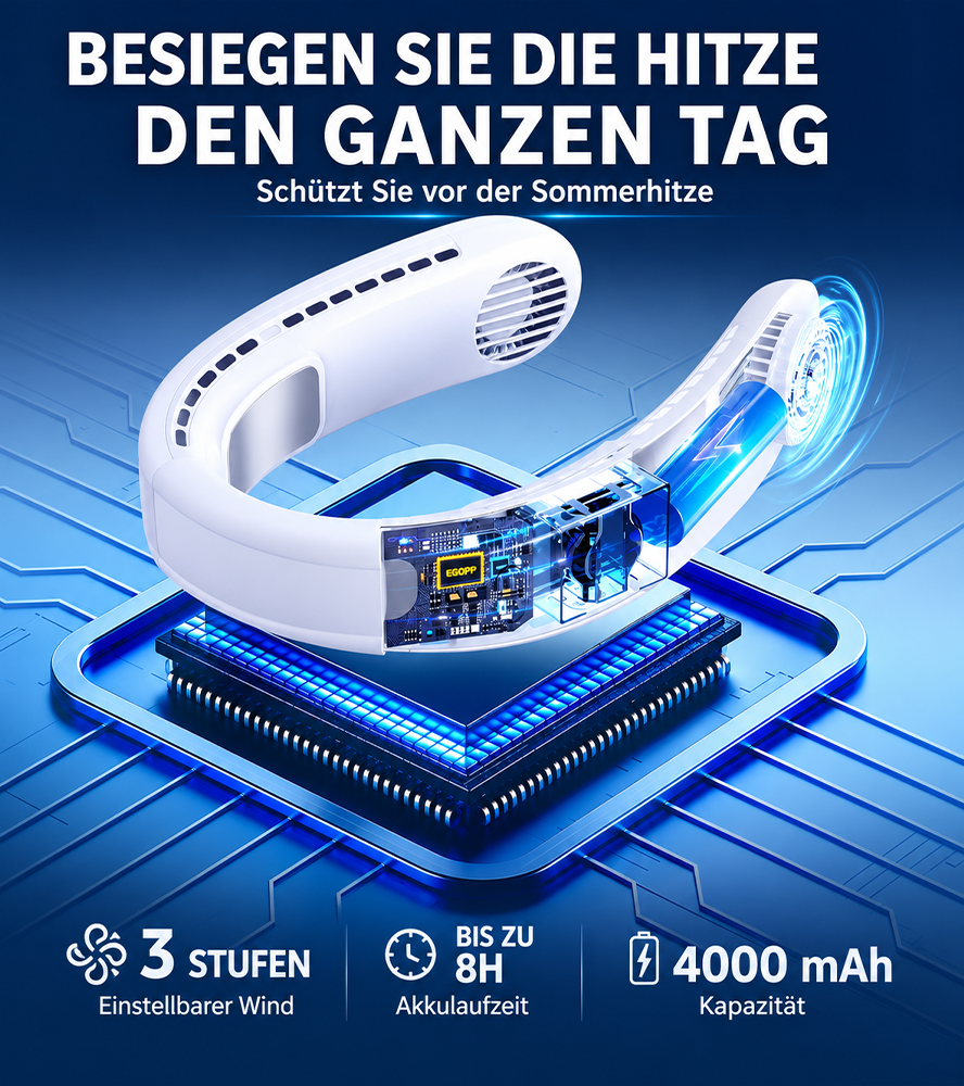 ⚡ Tragbarer Nackenventilator mit Doppel-Halbleiter-Kühlung ❄️| 360° Luftstrom • Bis zu 8 Std. Akkulaufzeit • 3 Geschwindigkeiten | Ideal für Sommer, Reisen & Outdoor