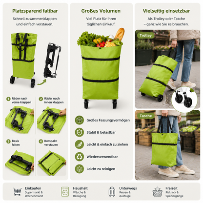 🛒Faltbarer Einkaufstrolley – Praktische Einkaufstasche mit Rollen für den täglichen Einkauf