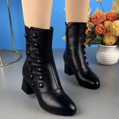 Letzter Tag – 50 % Rabatt – Warme Damen-Lederstiefeletten mit seitlichem Knopf und orthopädischem Komfort